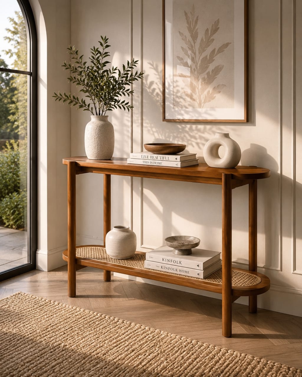 Premium Sheesham Wood Console Table with Handwoven Cane Shelf