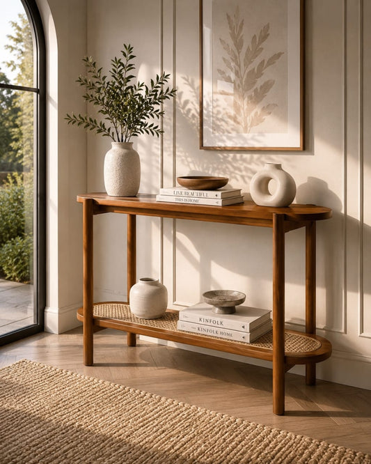 Premium Sheesham wood console table with handwoven cane shelf from Sellixpk Furniture Hub, showcasing a sturdy wood surface and woven shelf.