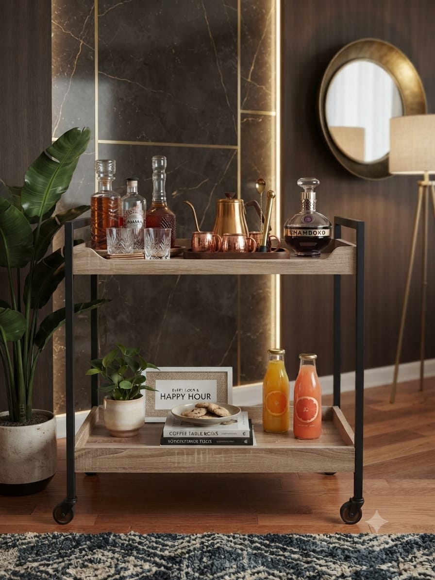Industrial kitchen serving trolley cart with wood shelves, 60cm wide, by Sellixpk Furniture Hub, showing sturdy metal frame and wooden shelves