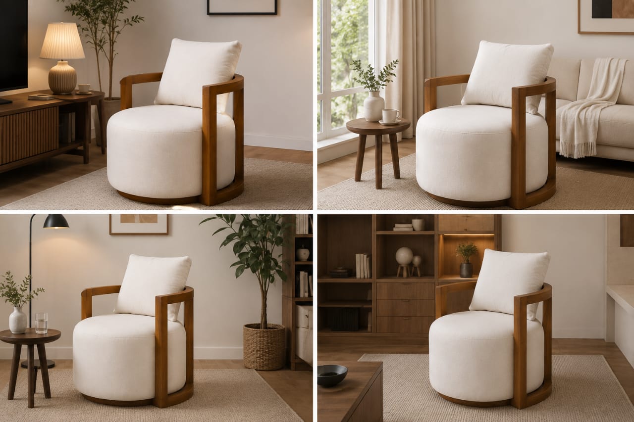 Modern Accent Lounge Chair Set (Pair) – Premium Upholstered Barrel Chairs with Solid Wood Frame & Cushions