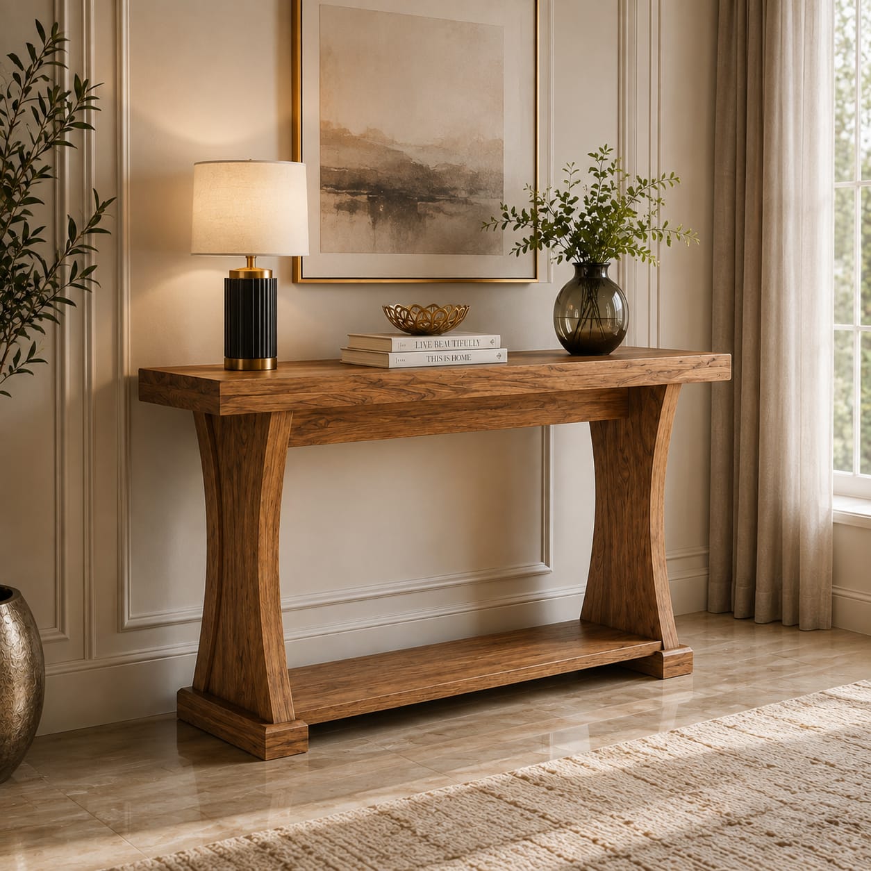 Solid Sheesham wood console table with lower display shelf, crafted by Sellixpk Furniture Hub for elegant home decor.