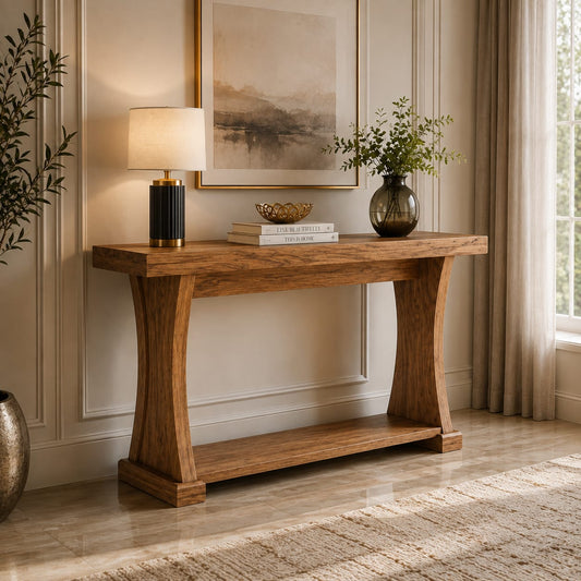 Solid Sheesham wood console table with lower display shelf, crafted by Sellixpk Furniture Hub for elegant home decor.