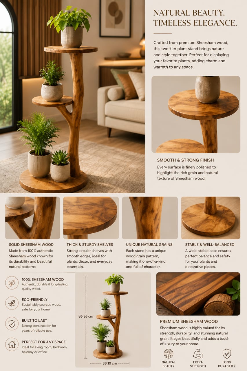 Premium Solid Sheesham Wood 3-Tier Plant Stand for Home