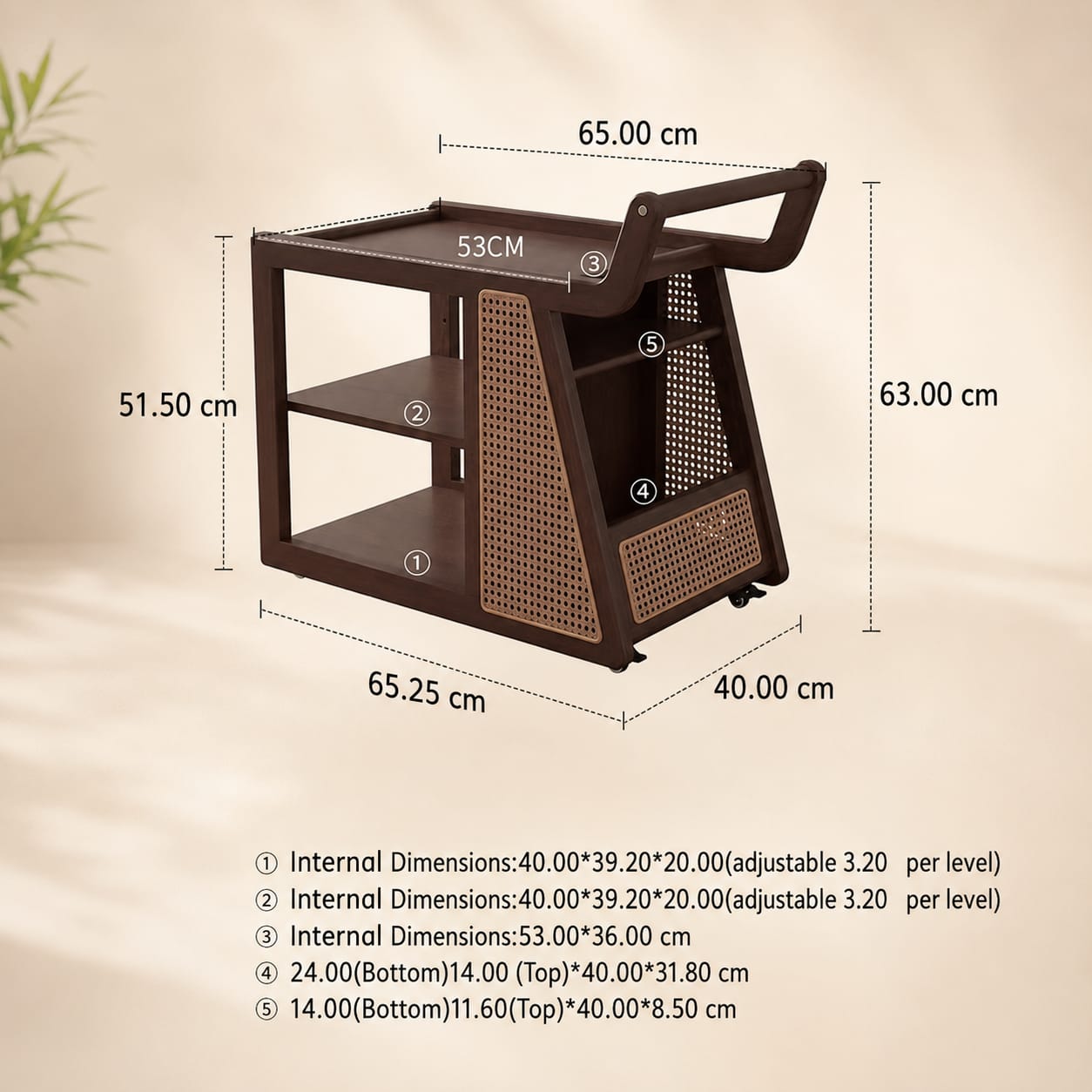 Premium Solid Sheesham Wood Serving Trolley with Rattan Storage