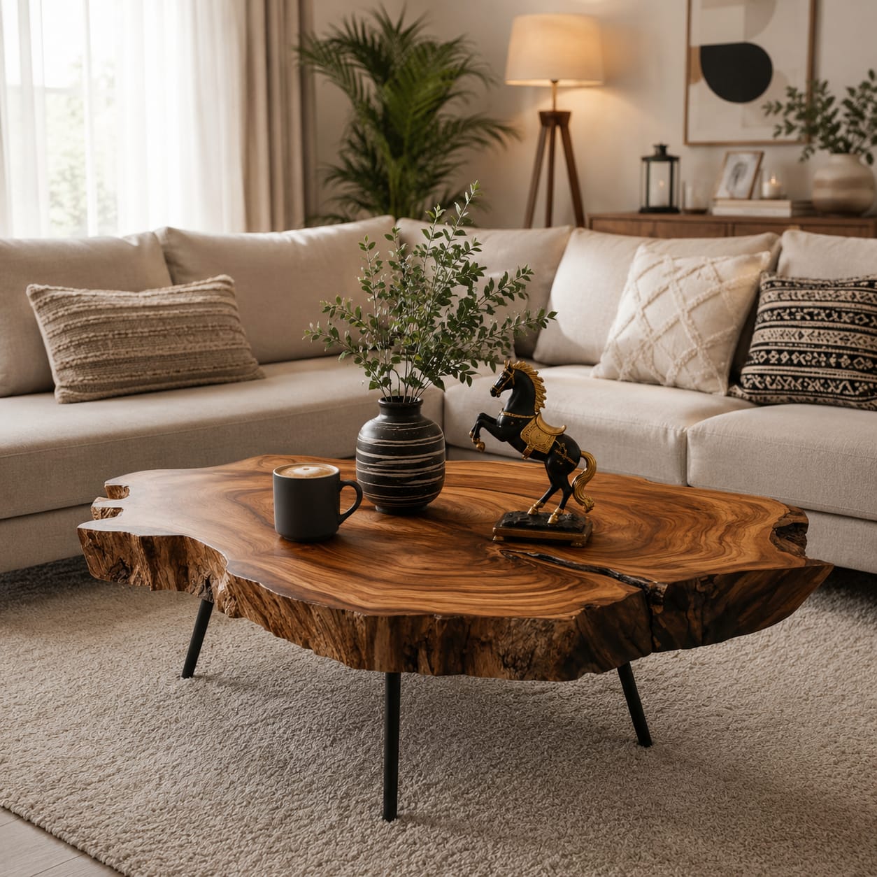 Round solid Sheesham wood live edge coffee table with natural wood grain, 91cm diameter, crafted by Sellixpk Furniture Hub.