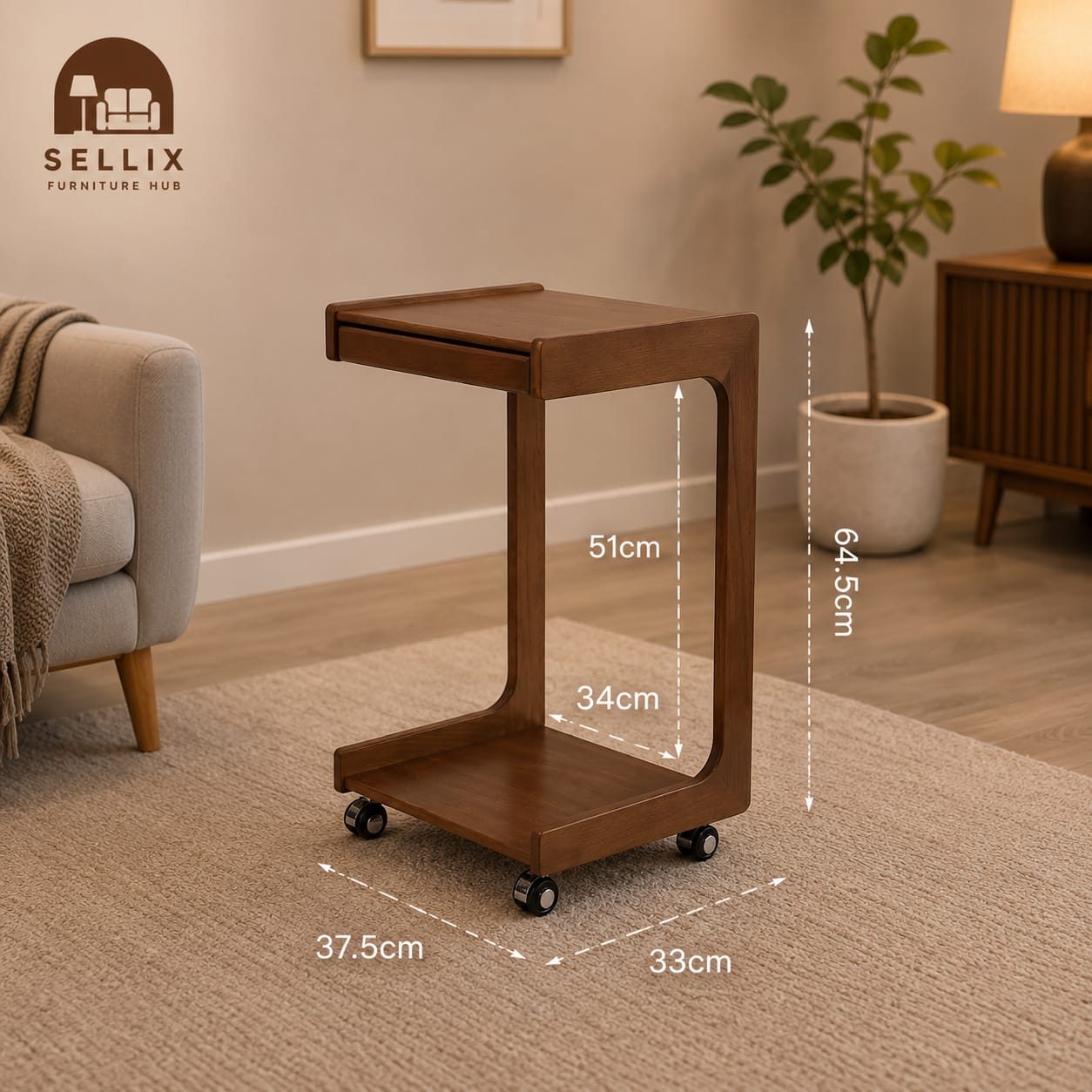 Premium Solid Sheesham Wood Mobile Side Table with Storage Shelf & Smooth Rolling Wheels