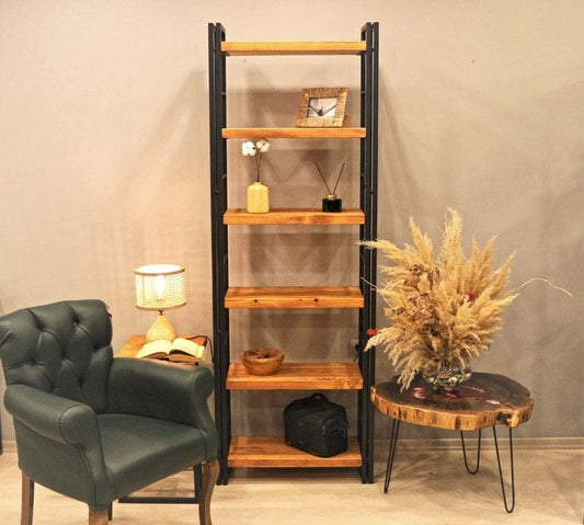 Industrial 6-tier ladder bookshelf with solid wood shelves and metal frame by Sellix, showcasing a sturdy, stylish storage unit.