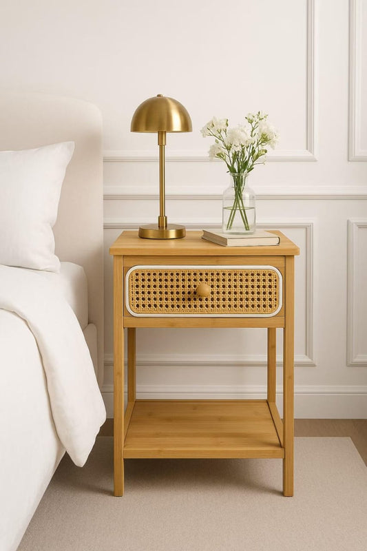 Premium rattan bedside table by Sellixpk Furniture Hub, solid wood nightstand with handwoven cane drawer and natural finish.