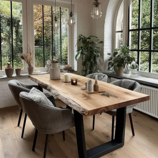 Premium Sheesham wood live edge dining table with industrial metal legs, handmade solid wood design for modern dining spaces.