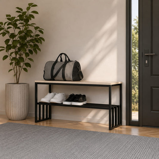 Entryway shoe rack with metal frame and storage shelf by Sellixpk Furniture Hub, showing organized shoes and sturdy design