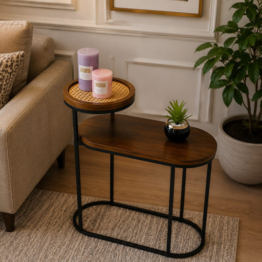 Modern 2-tier side table with rattan top from Sellixpk Furniture Hub, showcasing a sleek design and natural woven surface.