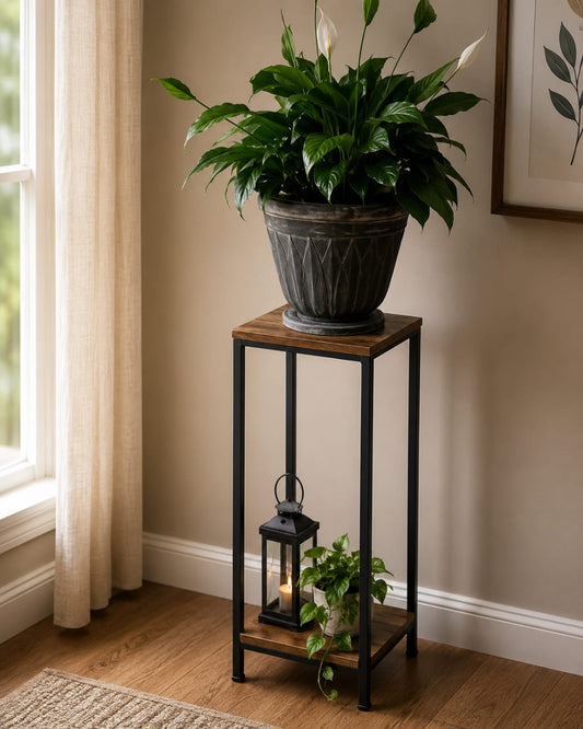 Modern 2-tier wooden plant stand with metal frame, showcasing a stylish and sturdy design for indoor or outdoor plants.