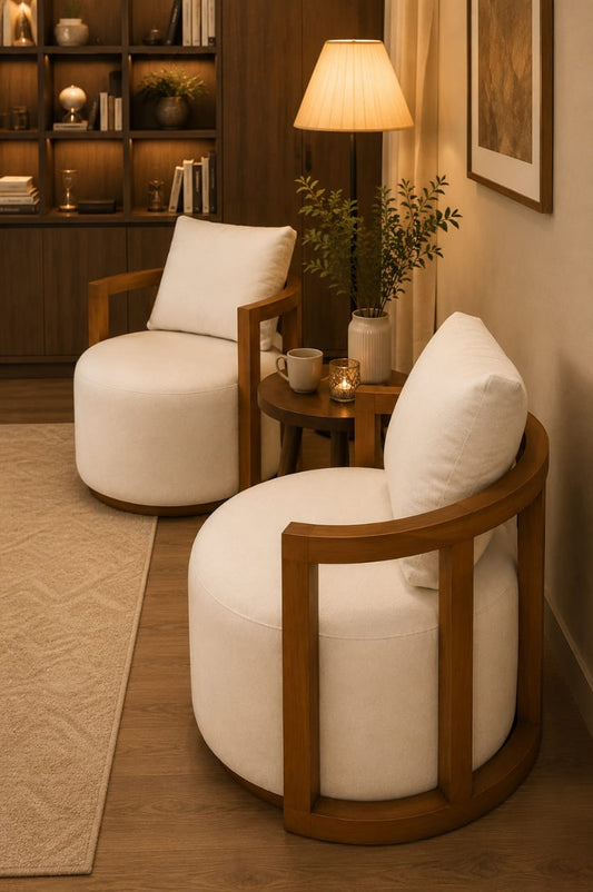Pair of modern accent lounge chairs from Sellixpk Furniture Hub with upholstered seats, solid wood frames, and plush cushions.