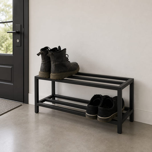 Modern industrial metal shoe rack bench with two tiers, black finish, and sturdy frame from Sellixpk Furniture Hub.