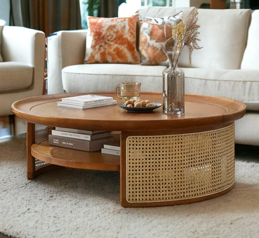 Modern round wooden coffee table with sliding rattan storage from Sellixpk Furniture Hub, featuring a sleek design and natural wood finish.