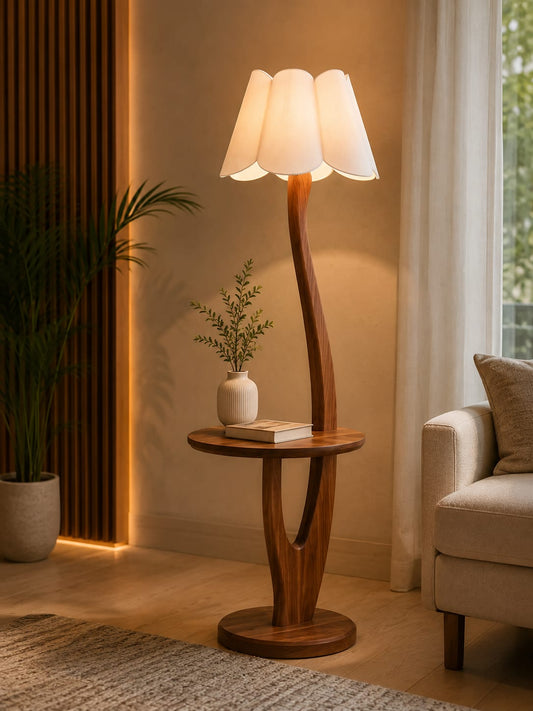 Modern solid wood standing lamp with fabric shade from Sellixpk Furniture Hub, showcasing a sleek design and warm lighting.