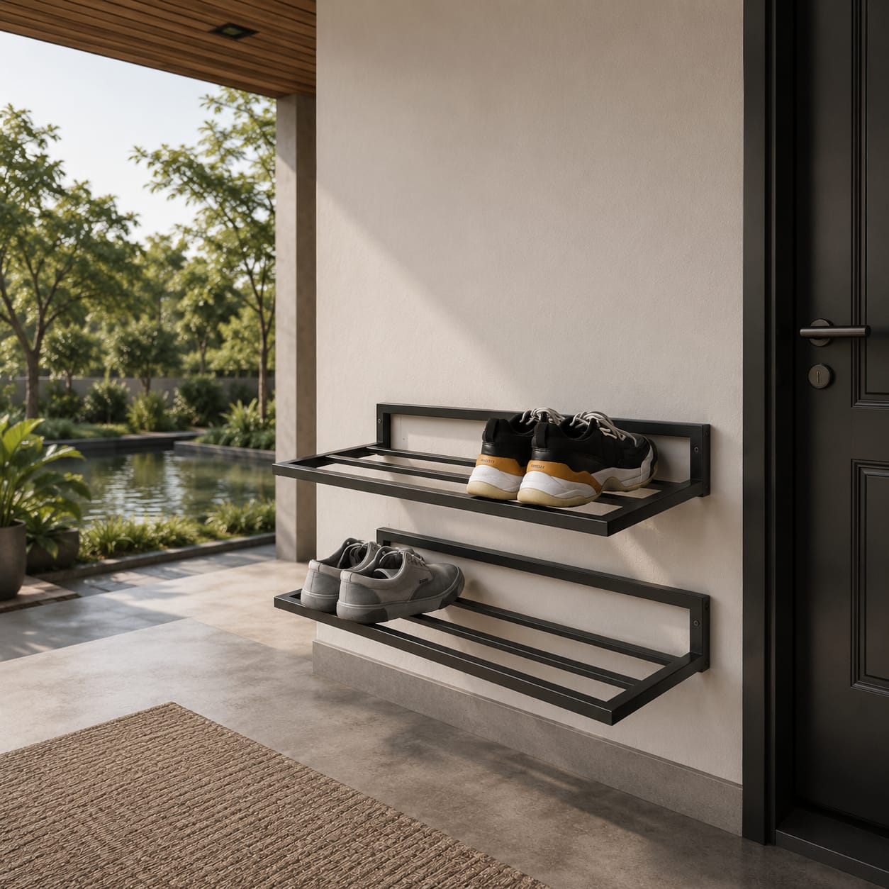 Modern wall-mounted metal shoe rack shelf by Sellixpk Furniture Hub, showing sleek design and multiple storage tiers.