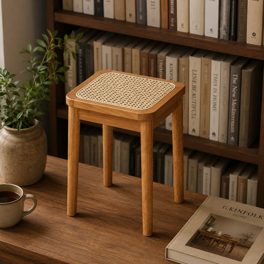 Modern wooden rattan stool with curved legs and woven rattan seat, designed for stylish indoor or outdoor seating.
