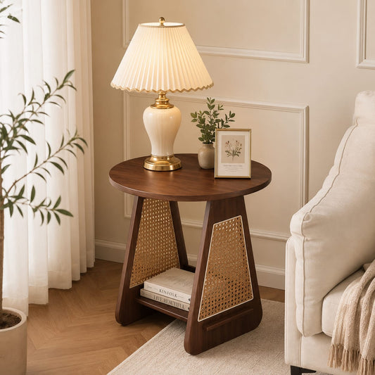 Modern wooden round side table with rattan storage shelf from Sellixpk Furniture Hub, featuring a smooth tabletop and woven shelf.
