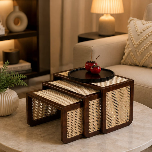 Set of three wooden nesting coffee tables with rattan finish from Sellixpk Furniture Hub, showcasing natural wood and rattan details.