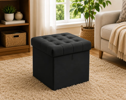 Foldable storage ottoman cube from Sellixpk Furniture Hub featuring a soft fabric surface and sturdy wooden legs.