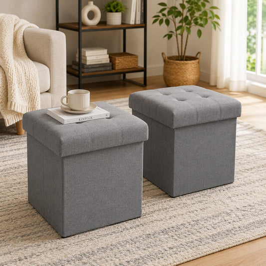 Pair of premium foldable storage ottomans by Sellixpk Furniture Hub featuring tufted fabric covers and hidden storage compartments.