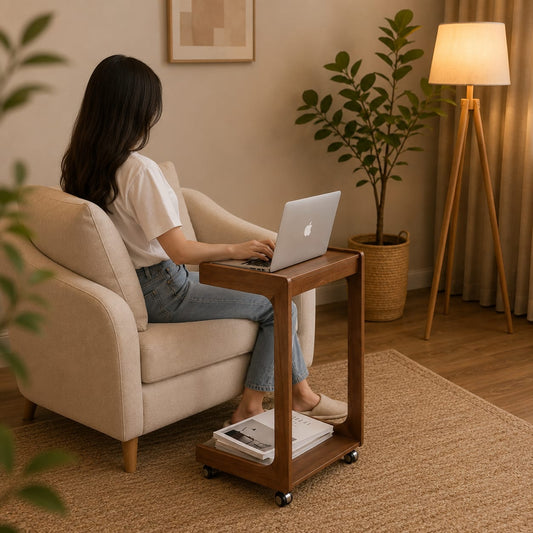 Solid Sheesham wood mobile side table with storage shelf and smooth rolling wheels, perfect for modern living spaces.