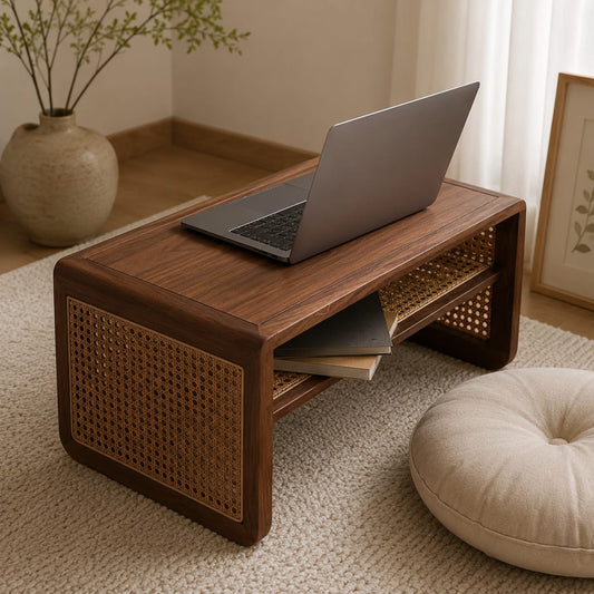 Premium wooden rattan side table with hidden storage cabinet by Sellixpk Furniture Hub, showcasing natural wood finish and woven rattan details.